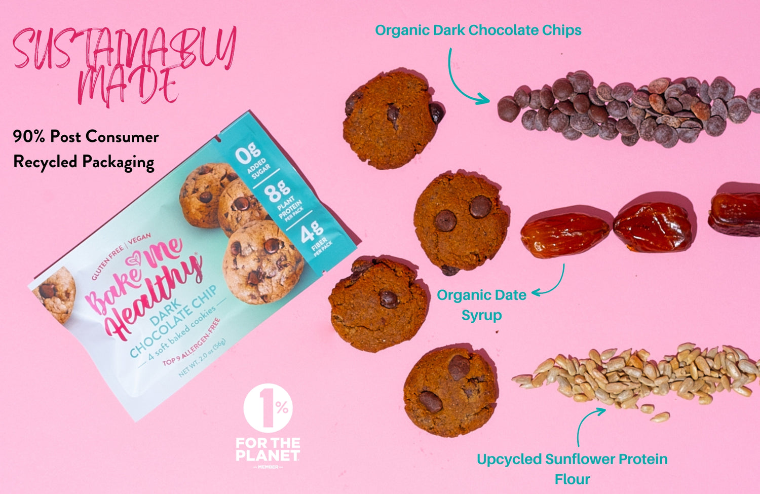 Bake Me Healthy Dark Chocolate Chip Cookies Sustainably made with organic dark chocolate chips, organic date syrup and upcycled sunflower protein flour. 90% Post Consumer Recycled Packaging. 1% for the Planet member.