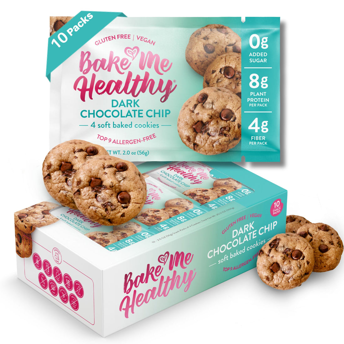 Bake Me Healthy Dark Chocolate Chip Cookies Snack Pack - 10 Packs, 40 Cookies - Gluten-Free, Vegan, No Added Sugar