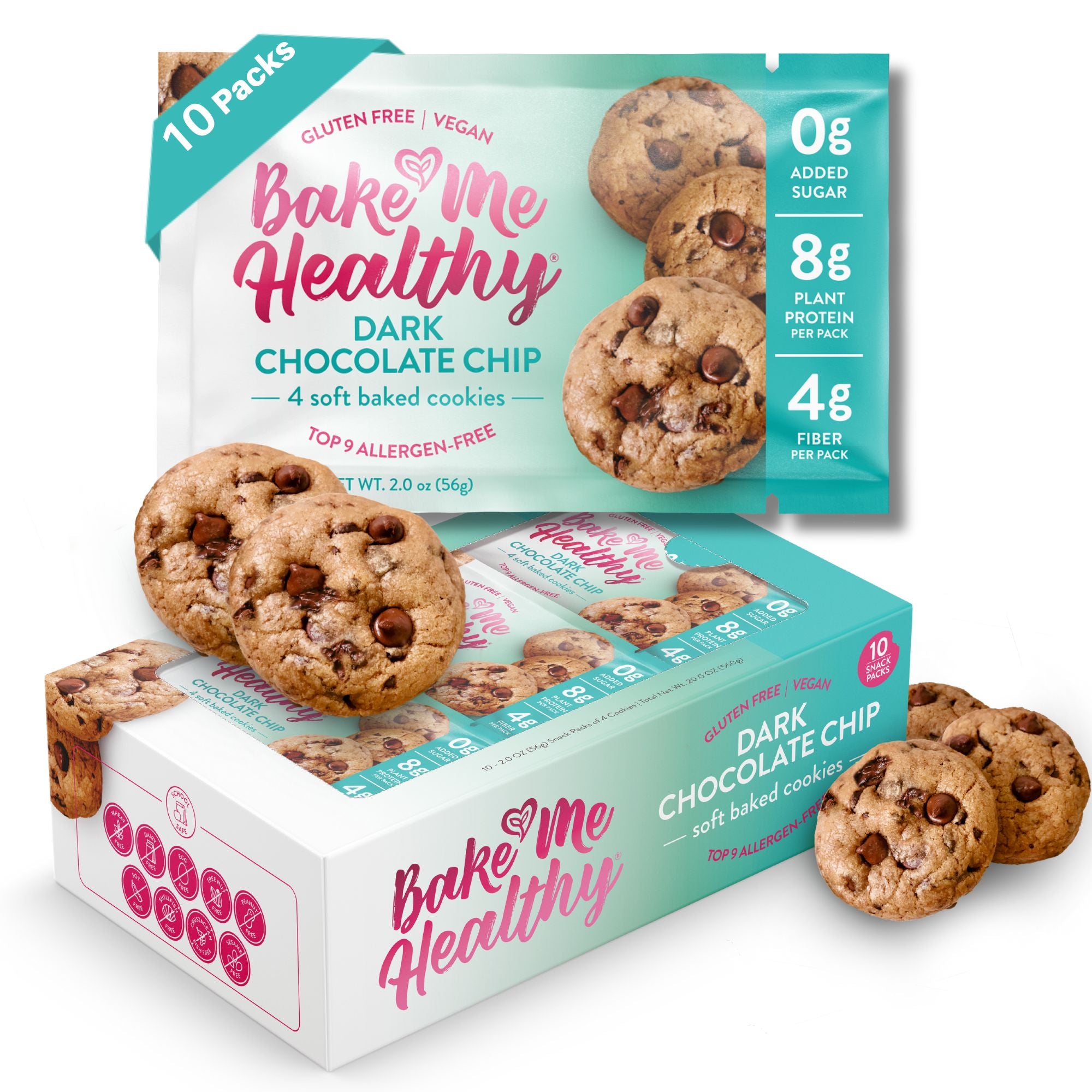 Bake Me Healthy Dark Chocolate Chip Cookies Snack Pack - 10 Packs, 40 Cookies - Gluten-Free, Vegan, No Added Sugar