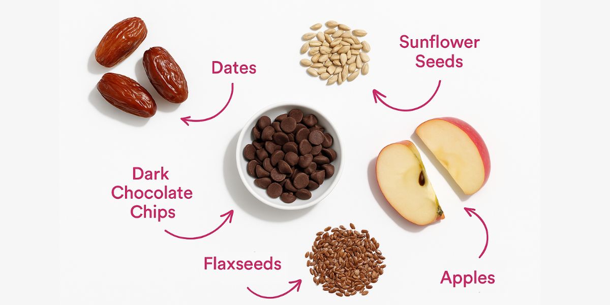 Dates, Dark Chocolate Chips, Sunflower Seeds, Apples, Flaxseeds