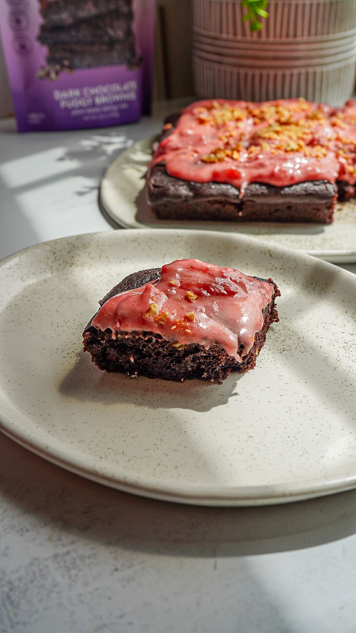 gluten-free brownie mix and vegan strawberry frosting