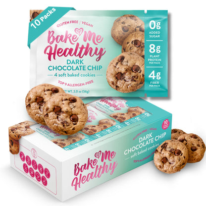 Bake Me Healthy Dark Chocolate Chip Cookies Snack Pack - 10 Packs, 40 Cookies - Gluten-Free,  Vegan, No Added Sugar
