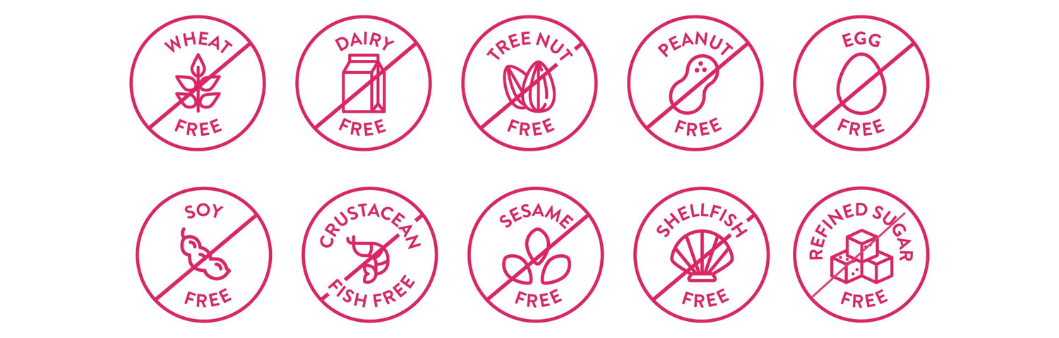 Free of the Top 9 Allergens and Refined Sugar - Gluten-Free, Vegan, Wheat-Free, Soy-Free, Sesame-Free, Tree Nut Free, Peanut Free, Dairy Free, Crustacean Fish Free, Shellfish Free, Egg Free
